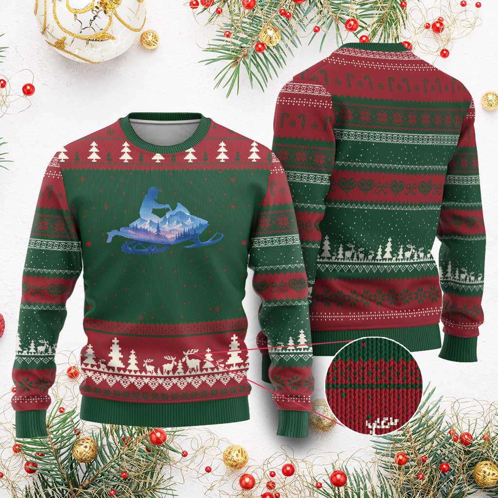 Snowmobile Snow Mountain Forest Snowmobiling Winter Sport Ugly Christmas Sweater TS11 Red Green Print Your Wear