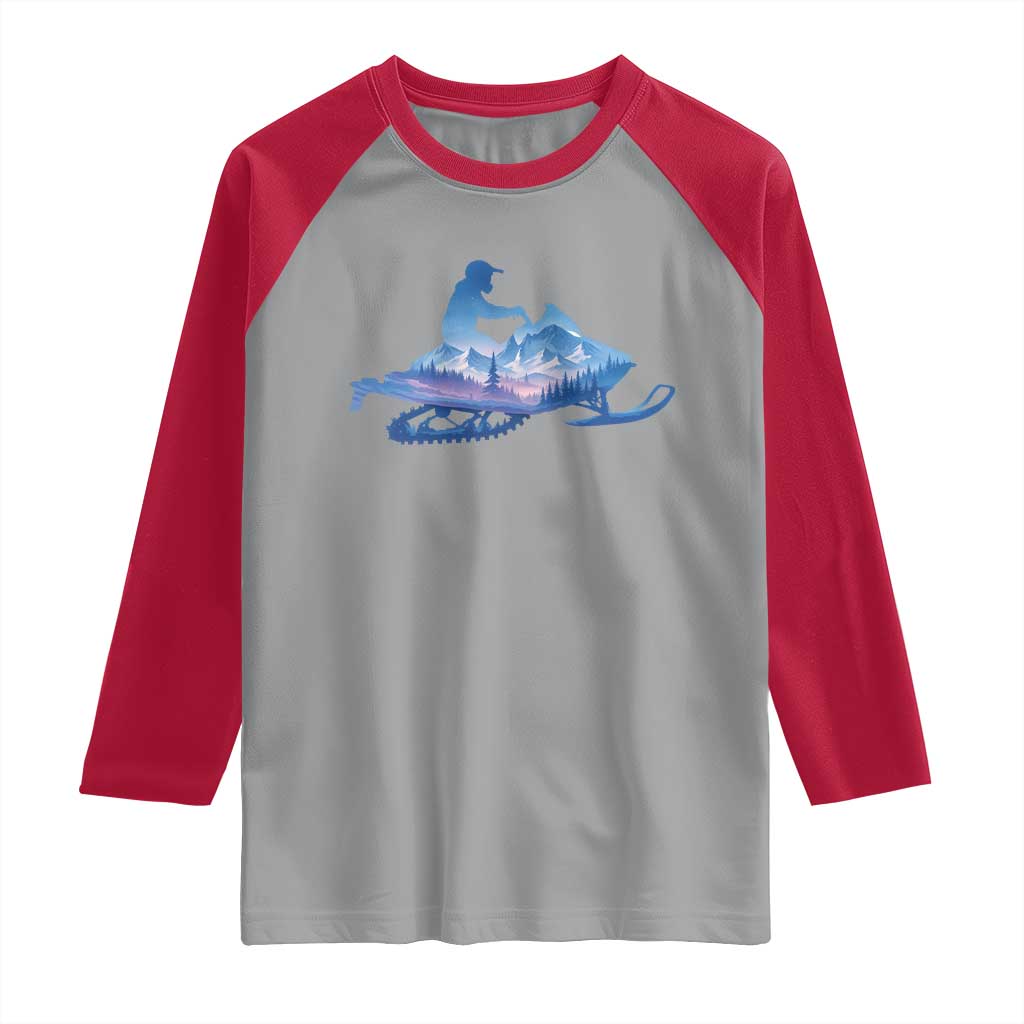 Snowmobile Snow Mountain Forest Snowmobiling Winter Sport Raglan Shirt TS11 Sport Gray Red Print Your Wear