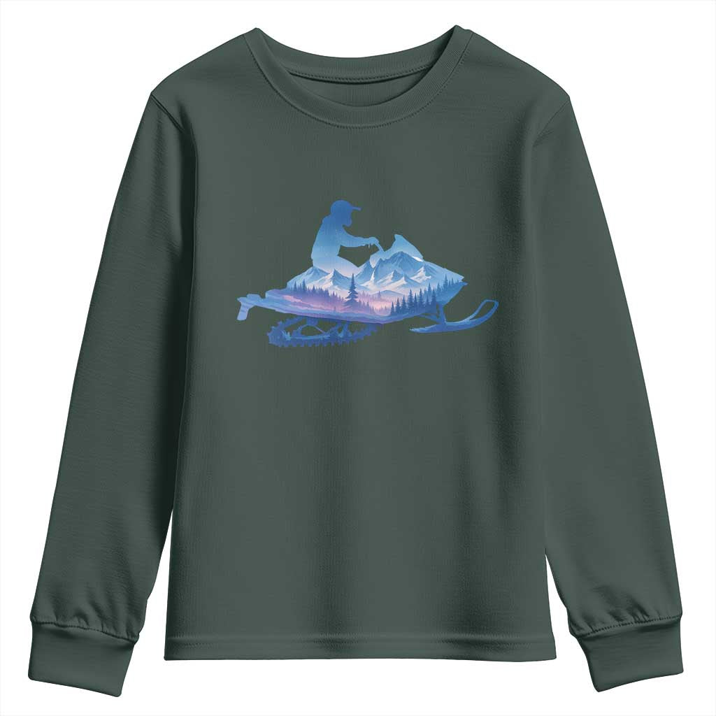 Snowmobile Snow Mountain Forest Snowmobiling Winter Sport Youth Sweatshirt TS11 Dark Forest Green Print Your Wear