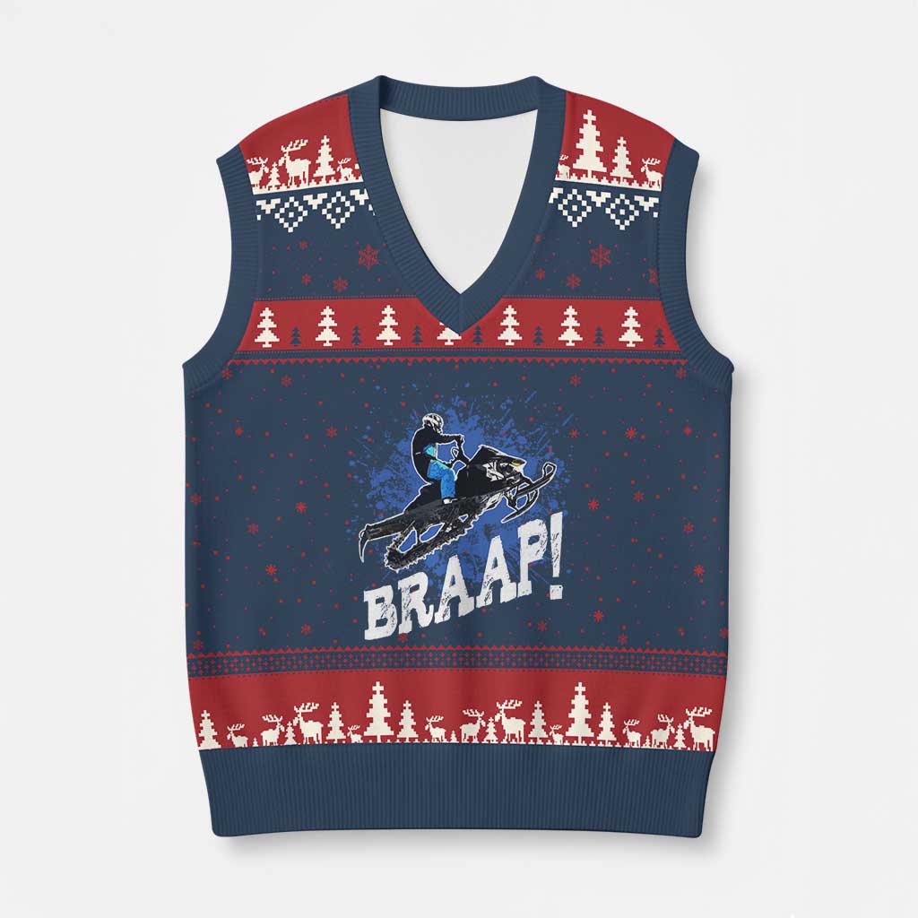 Snowmobile Braaap V-Neck Knit Sweater Vest Snowcross Snow Sled Extreme Outdoor Winter Sports TS11 Navy Red Print Your Wear