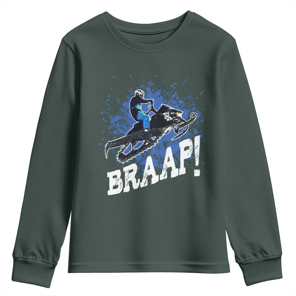 Snowmobile Braaap Youth Sweatshirt Snowcross Snow Sled Extreme Outdoor Winter Sports TS11 Dark Forest Green Print Your Wear