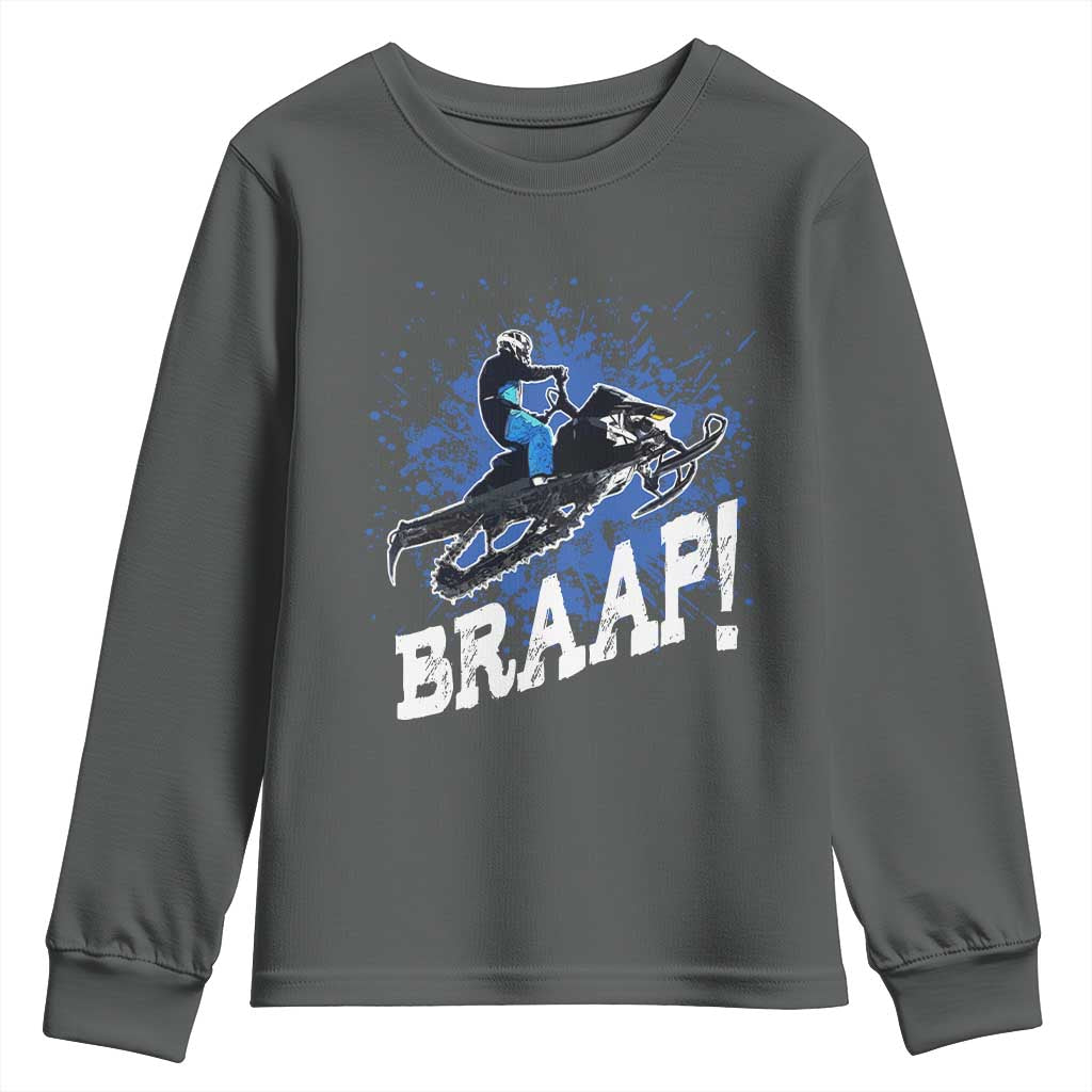 Snowmobile Braaap Youth Sweatshirt Snowcross Snow Sled Extreme Outdoor Winter Sports TS11 Dark Heather Print Your Wear