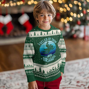 Funny Snowmobile Ugly Christmas Sweater Fueled By Snow And Braaap Winter Sports TS11 Forest Green Beige Print Your Wear