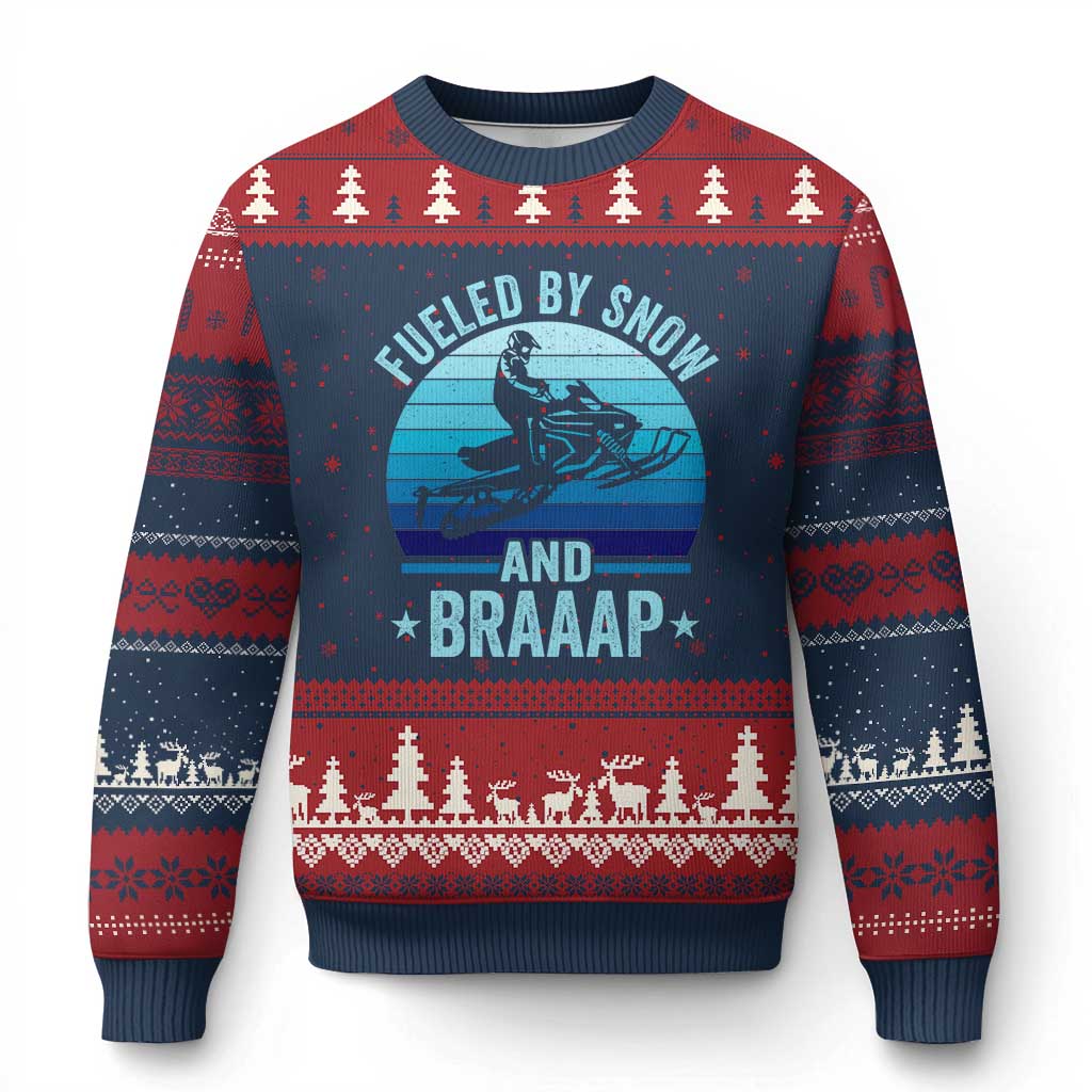 Funny Snowmobile Ugly Christmas Sweater Fueled By Snow And Braaap Winter Sports TS11 Navy Red Print Your Wear