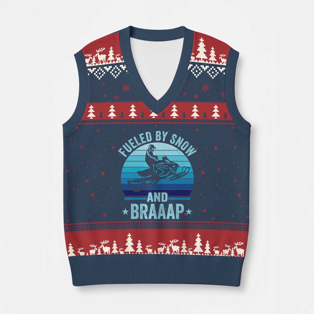 Funny Snowmobile V-Neck Knit Sweater Vest Fueled By Snow And Braaap Winter Sports TS11 Navy Red Print Your Wear