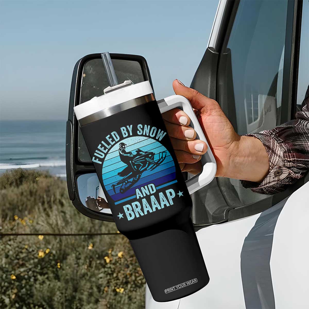 Funny Snowmobile Tumbler With Handle Fueled By Snow And Braaap Winter Sports TS11 Print Your Wear