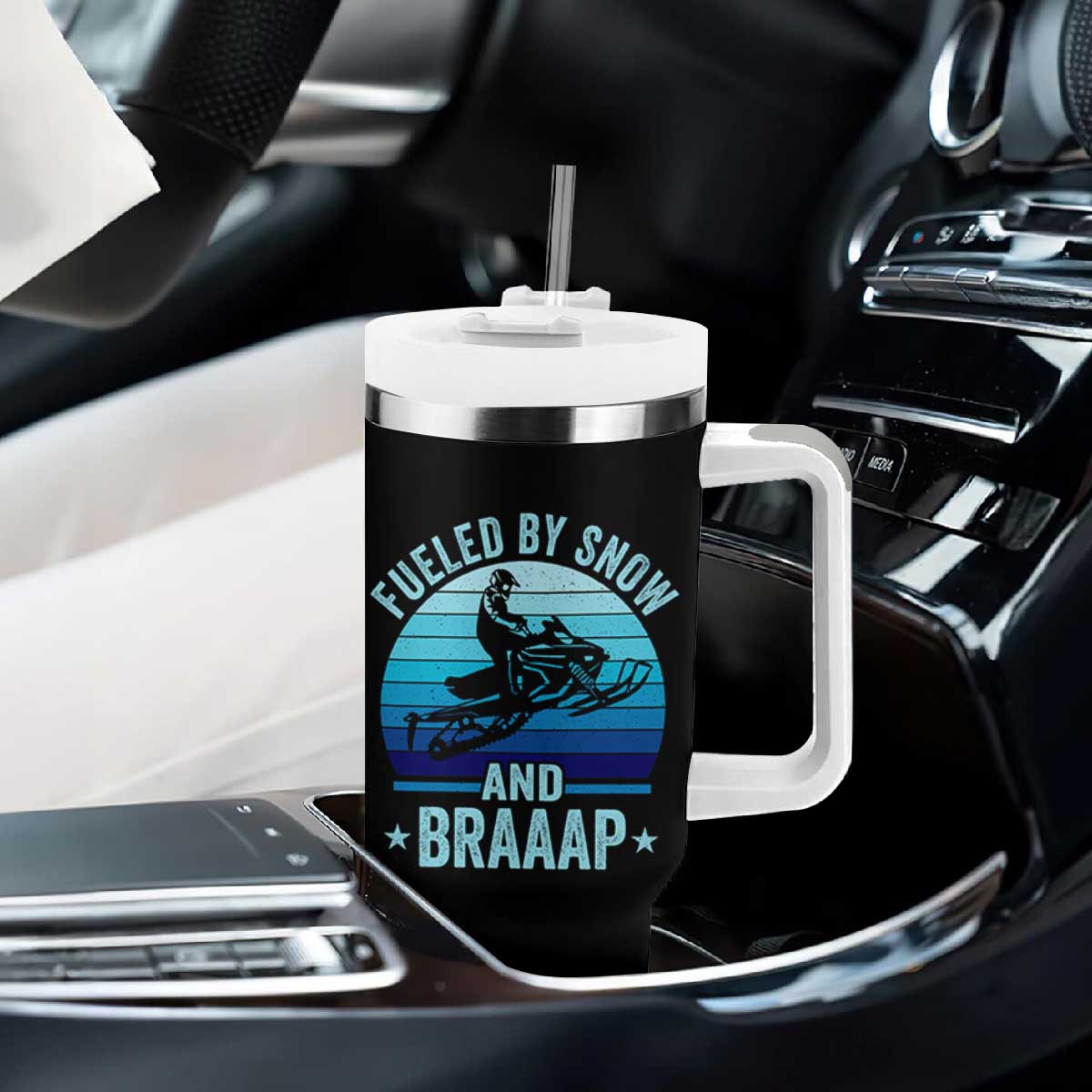 Funny Snowmobile Tumbler With Handle Fueled By Snow And Braaap Winter Sports TS11 Print Your Wear
