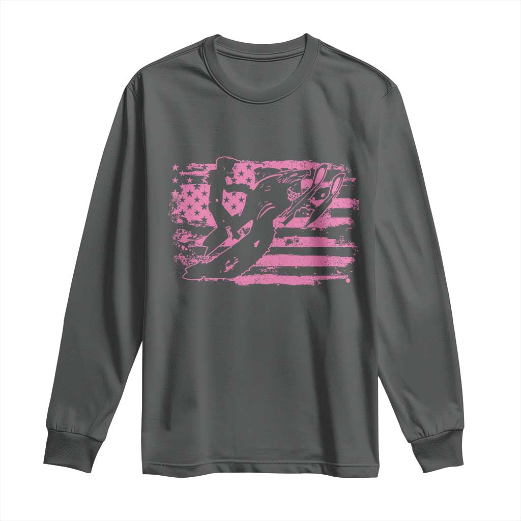 Snowmobile Snowcross Girls Pink American Flag Long Sleeve Shirt TS11 Dark Heather Print Your Wear