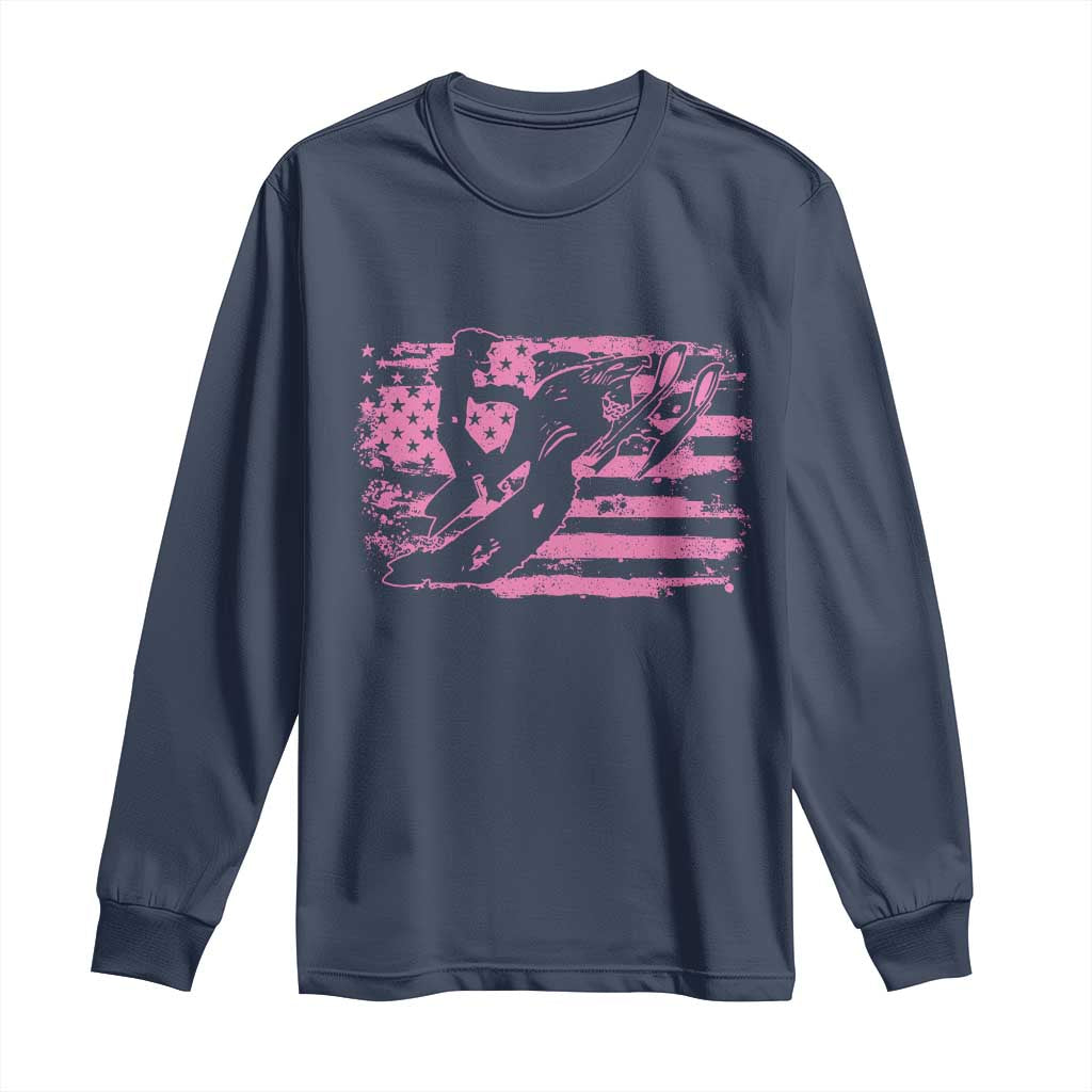 Snowmobile Snowcross Girls Pink American Flag Long Sleeve Shirt TS11 Navy Print Your Wear