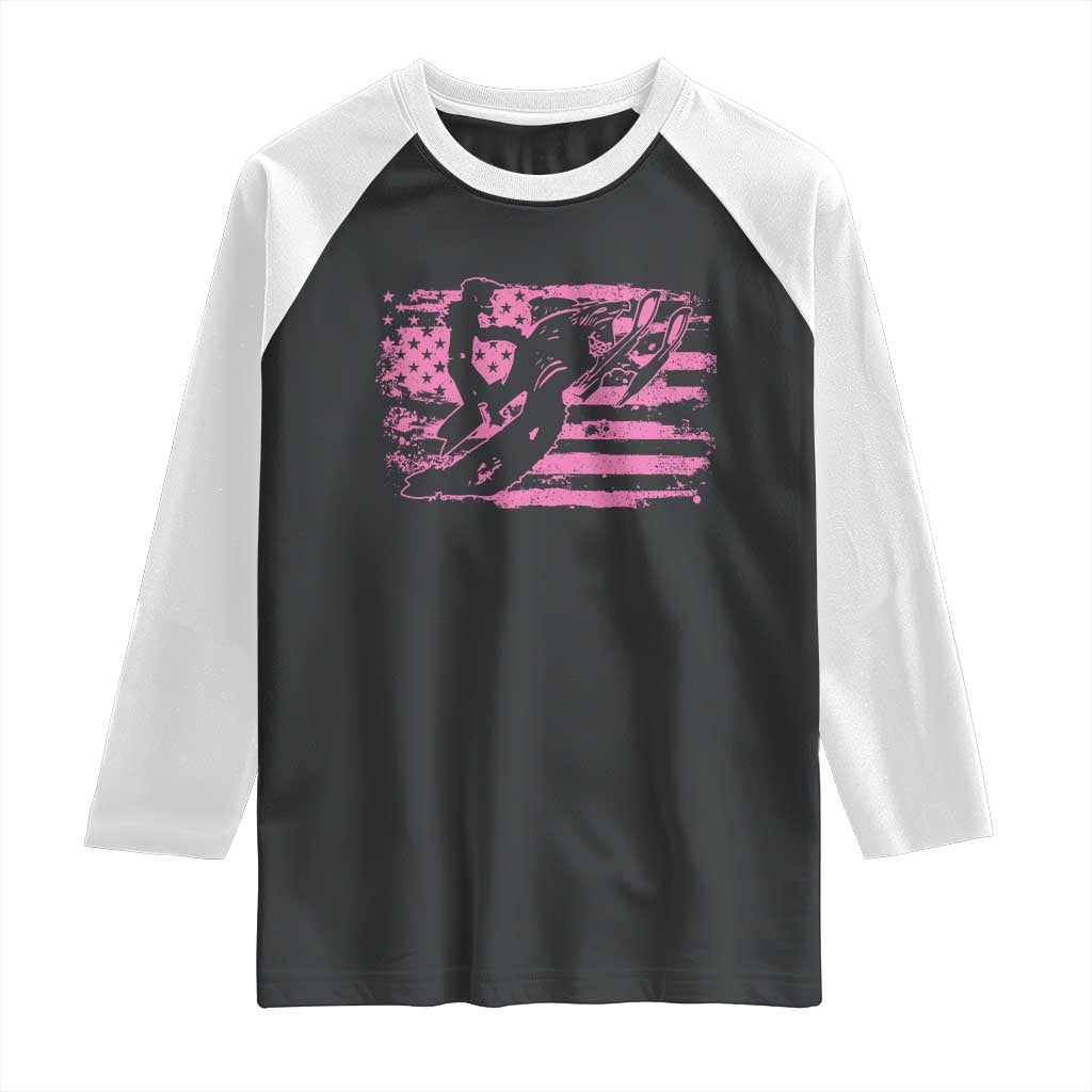 Snowmobile Snowcross Girls Pink American Flag Raglan Shirt TS11 Black White Print Your Wear
