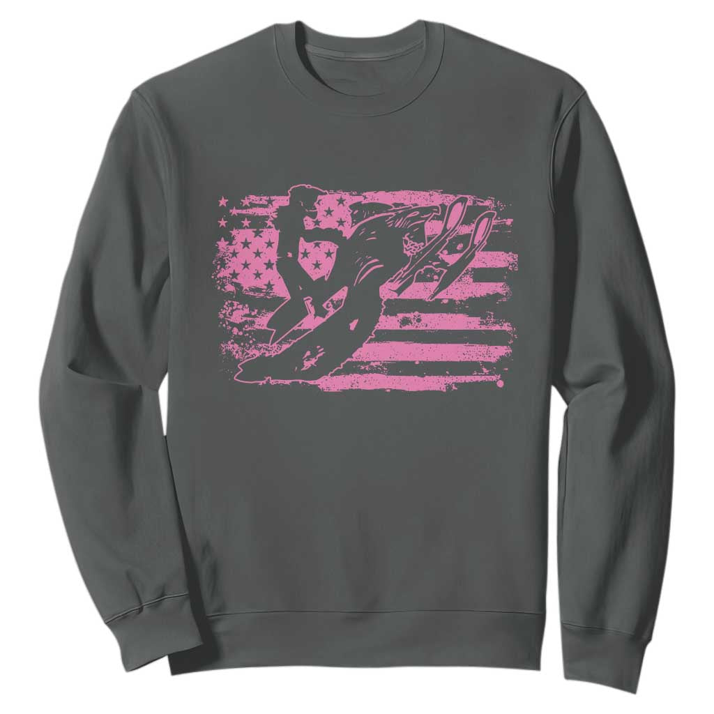 Snowmobile Snowcross Girls Pink American Flag Sweatshirt TS11 Dark Heather Print Your Wear
