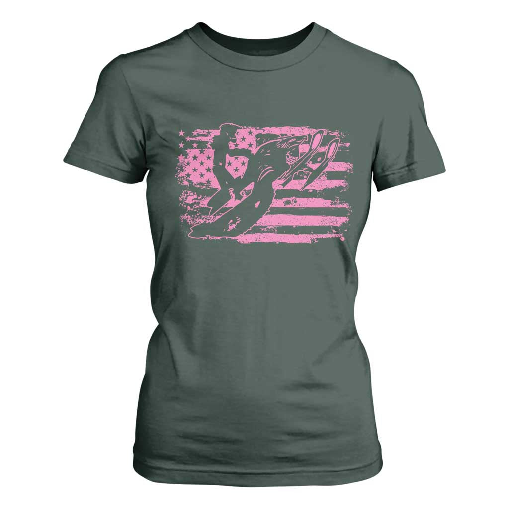 Snowmobile Snowcross Girls Pink American Flag T Shirt For Women TS11 Dark Forest Green Print Your Wear