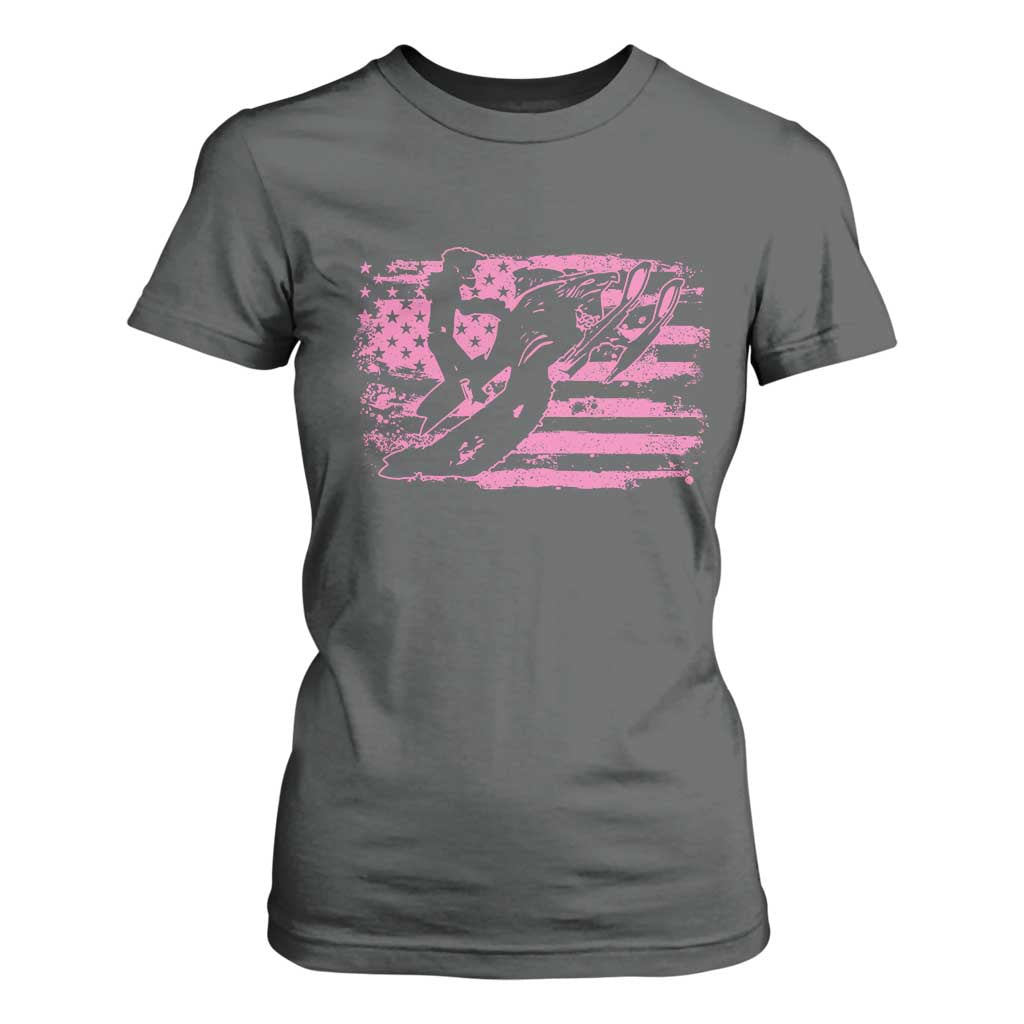 Snowmobile Snowcross Girls Pink American Flag T Shirt For Women TS11 Dark Heather Print Your Wear