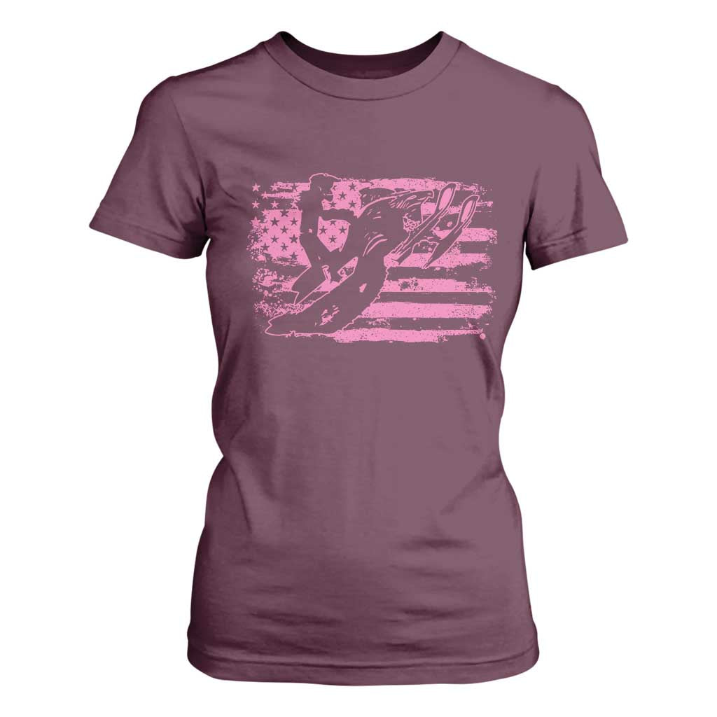 Snowmobile Snowcross Girls Pink American Flag T Shirt For Women TS11 Maroon Print Your Wear
