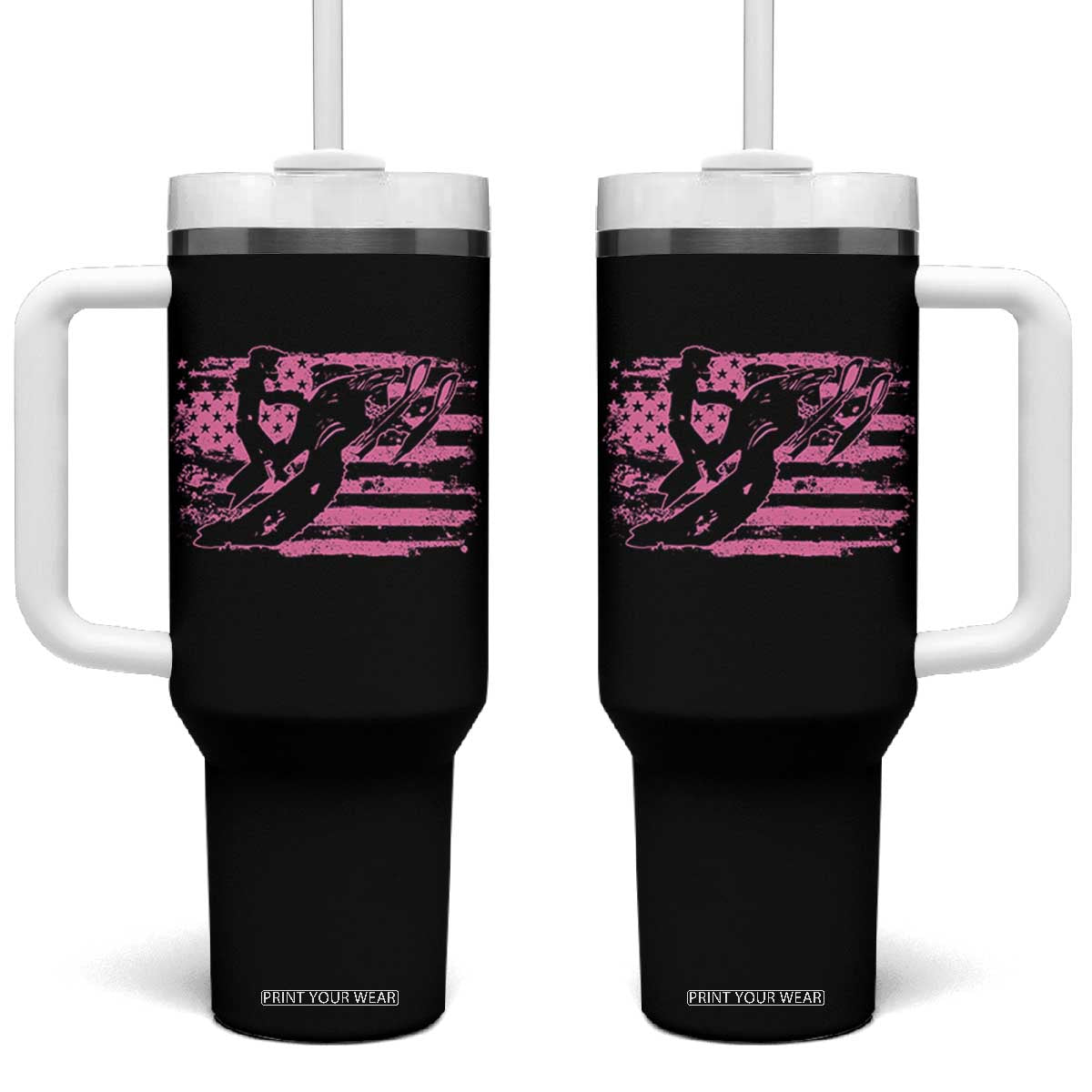 Snowmobile Snowcross Girls Pink American Flag Tumbler With Handle - Print Your Wear