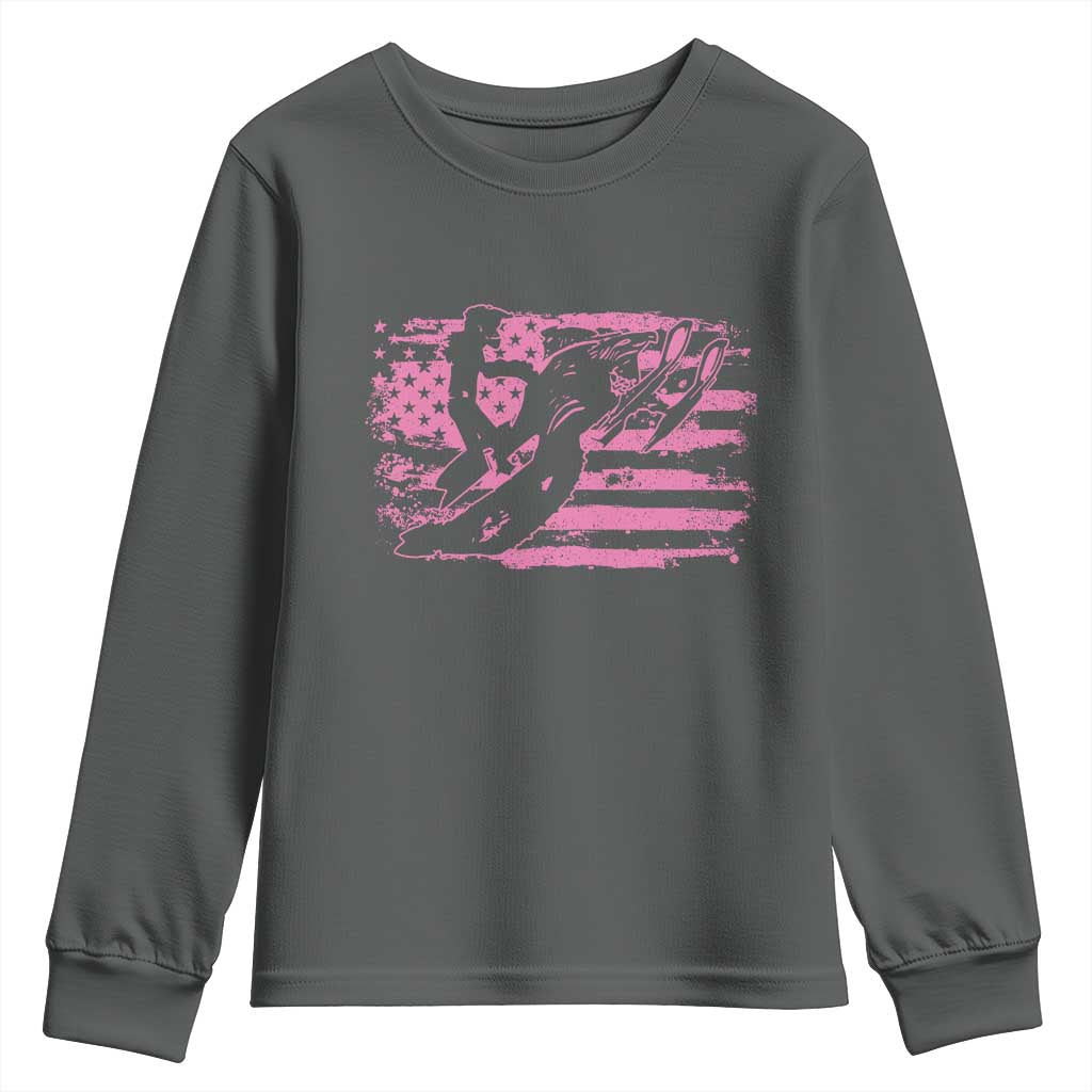 Snowmobile Snowcross Girls Pink American Flag Youth Sweatshirt TS11 Dark Heather Print Your Wear