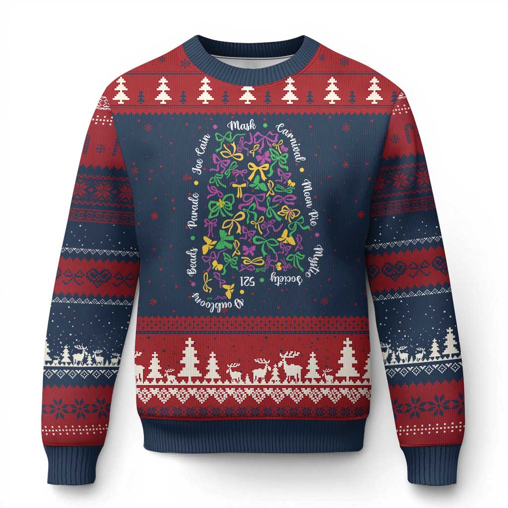Funny Mardi Gras Alabama Map Coquette Bow Ugly Christmas Sweater Moon Pie Carnival Joe Cain Beads TS11 Navy Red Print Your Wear