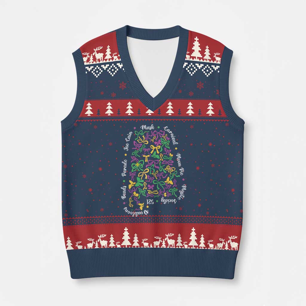 Funny Mardi Gras Alabama Map Coquette Bow V-Neck Knit Sweater Vest Moon Pie Carnival Joe Cain Beads TS11 Navy Red Print Your Wear