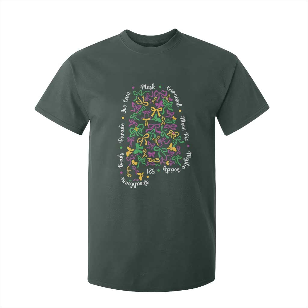 Funny Mardi Gras Alabama Map Coquette Bow T Shirt For Kid Moon Pie Carnival Joe Cain Beads TS11 Dark Forest Green Print Your Wear