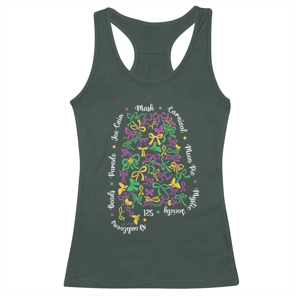 Funny Mardi Gras Alabama Map Coquette Bow Racerback Tank Top Moon Pie Carnival Joe Cain Beads TS11 Dark Forest Green Print Your Wear