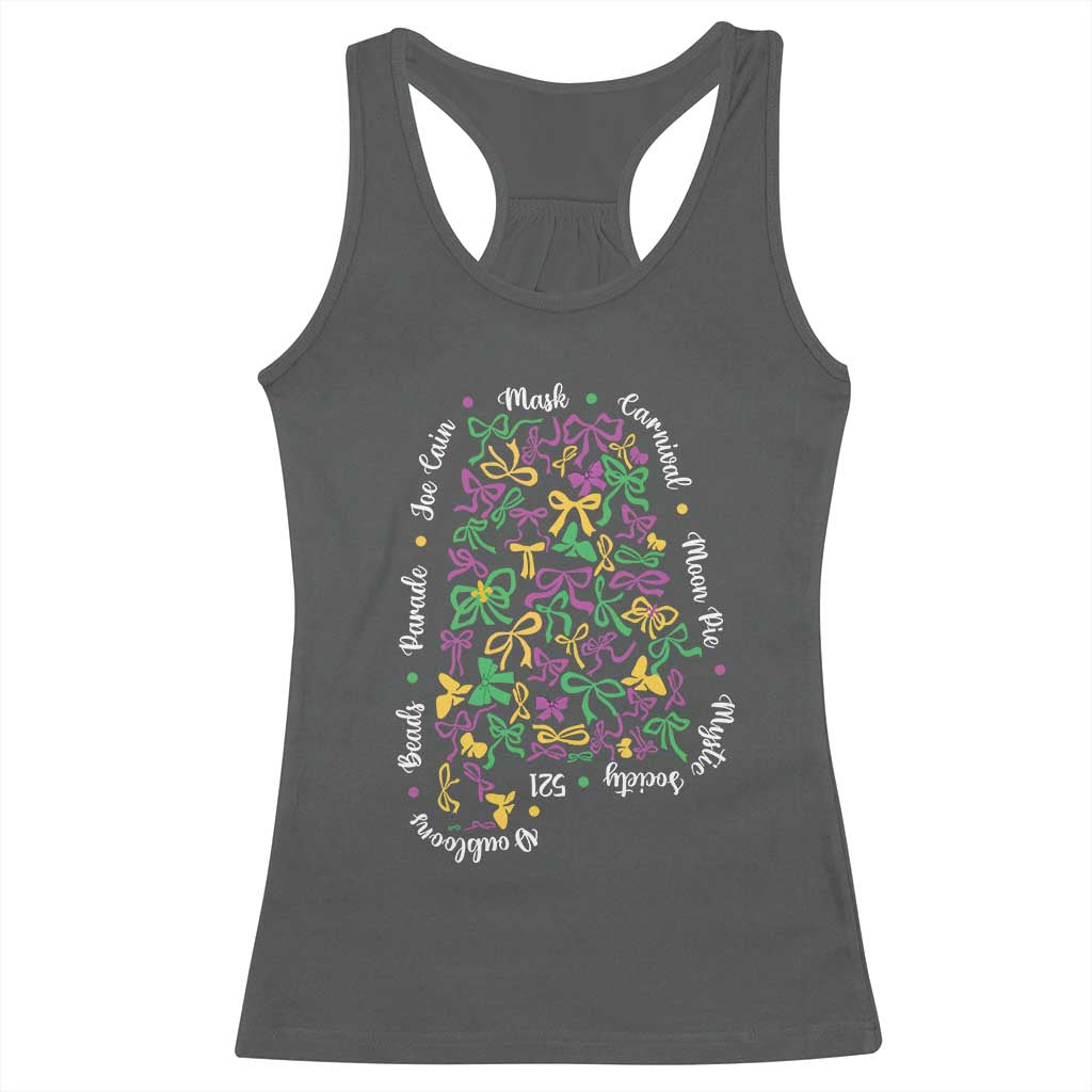 Funny Mardi Gras Alabama Map Coquette Bow Racerback Tank Top Moon Pie Carnival Joe Cain Beads TS11 Dark Heather Print Your Wear