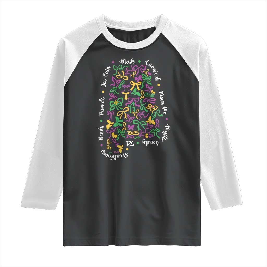 Funny Mardi Gras Alabama Map Coquette Bow Raglan Shirt Moon Pie Carnival Joe Cain Beads TS11 Black White Print Your Wear