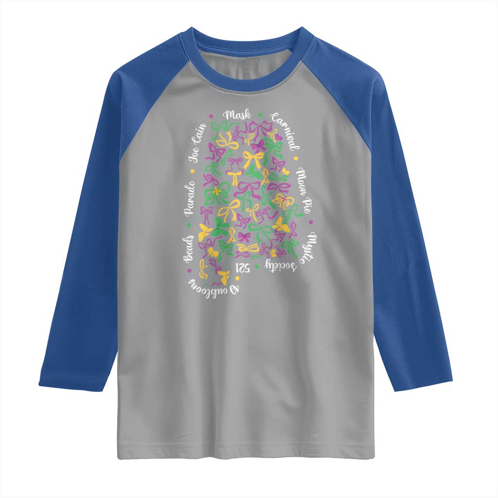 Funny Mardi Gras Alabama Map Coquette Bow Raglan Shirt Moon Pie Carnival Joe Cain Beads TS11 Sport Gray Royal Print Your Wear