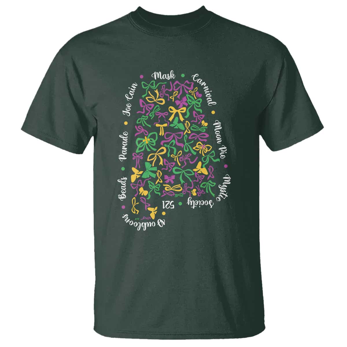 Funny Mardi Gras Alabama Map Coquette Bow T Shirt Moon Pie Carnival Joe Cain Beads TS11 Dark Forest Green Print Your Wear