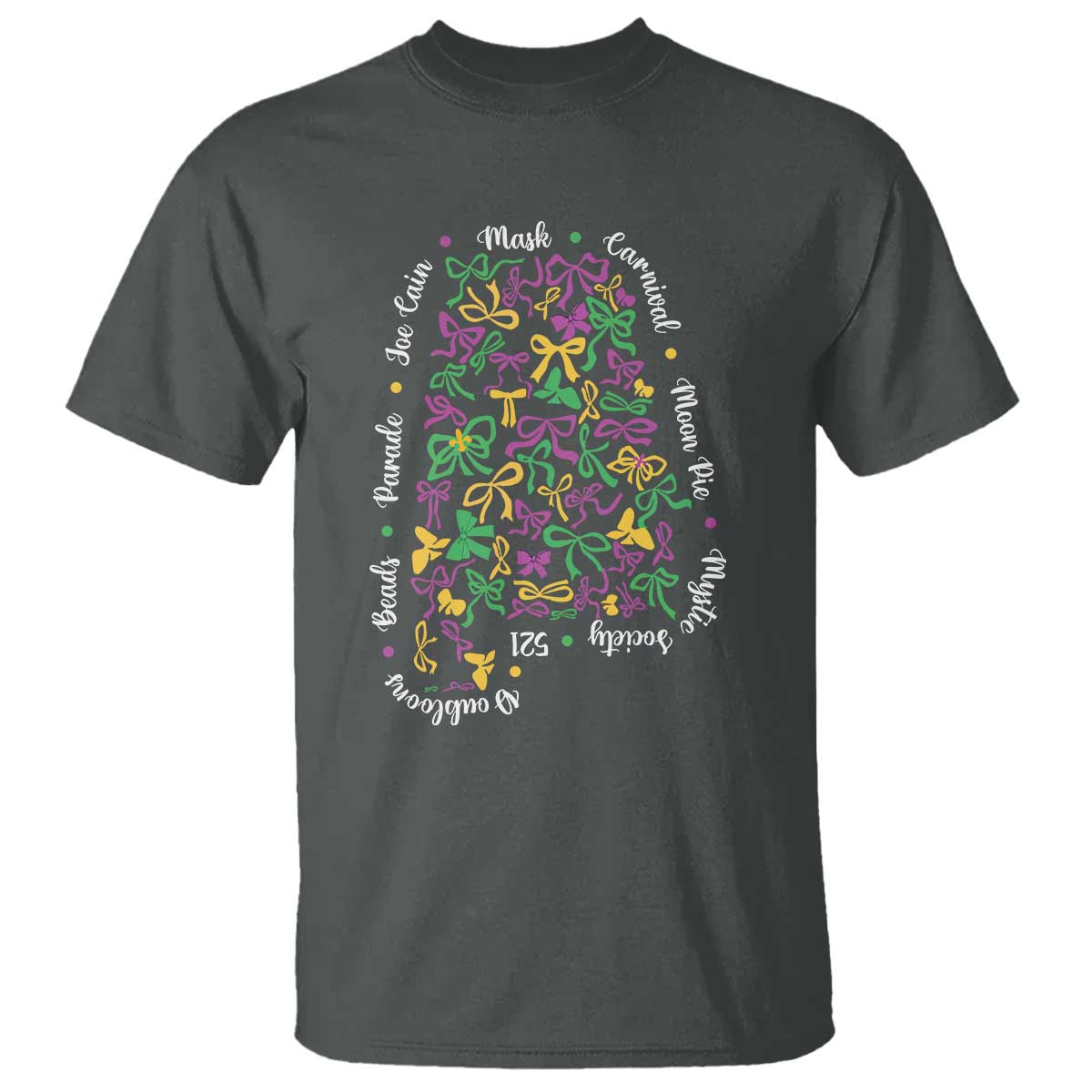 Funny Mardi Gras Alabama Map Coquette Bow T Shirt Moon Pie Carnival Joe Cain Beads TS11 Dark Heather Print Your Wear