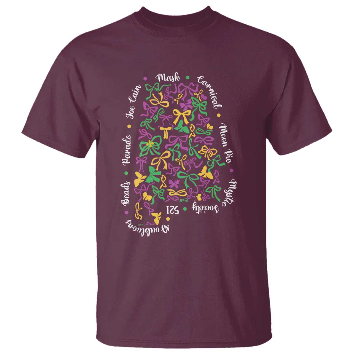 Funny Mardi Gras Alabama Map Coquette Bow T Shirt Moon Pie Carnival Joe Cain Beads TS11 Maroon Print Your Wear