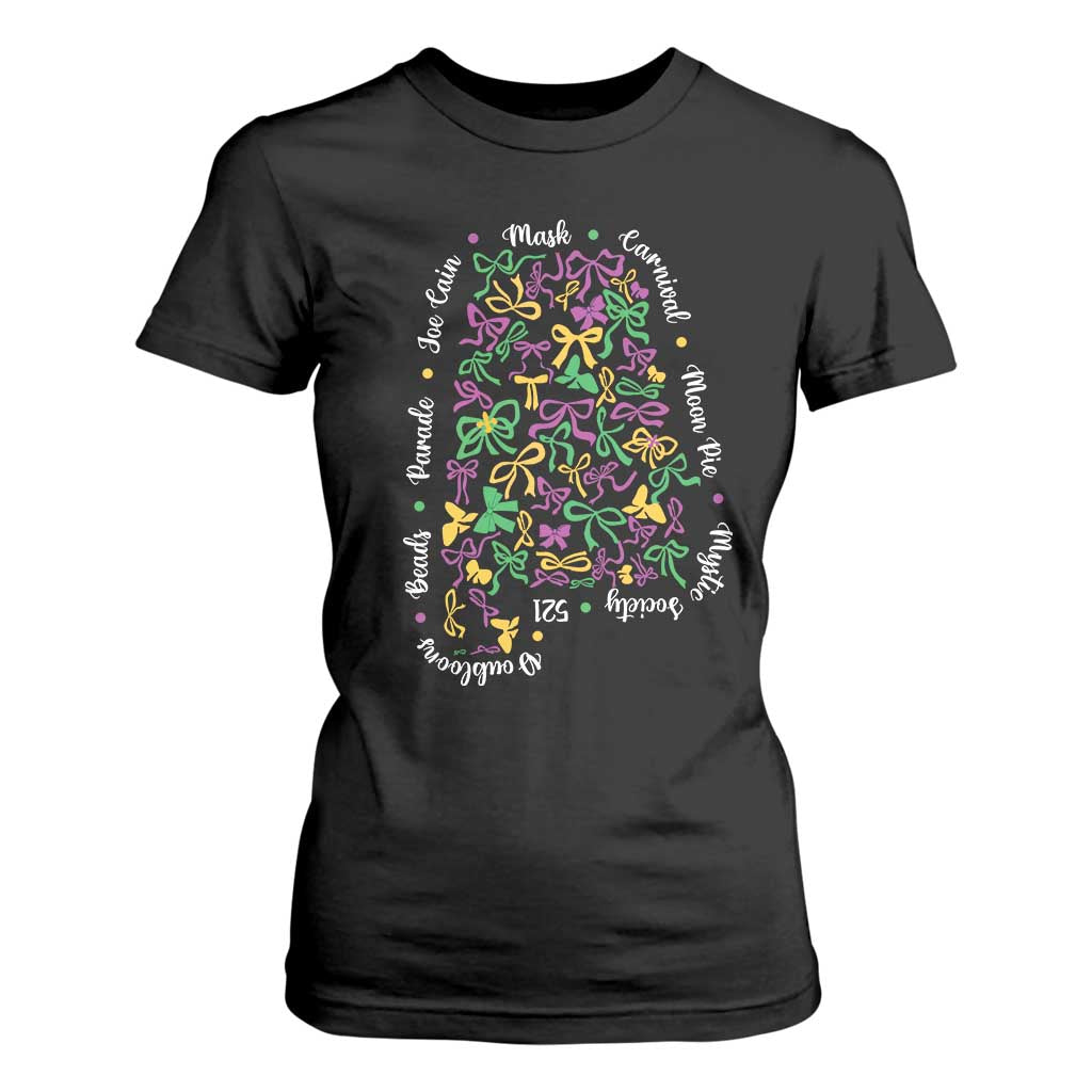 Funny Mardi Gras Alabama Map Coquette Bow T Shirt For Women Moon Pie Carnival Joe Cain Beads TS11 Black Print Your Wear