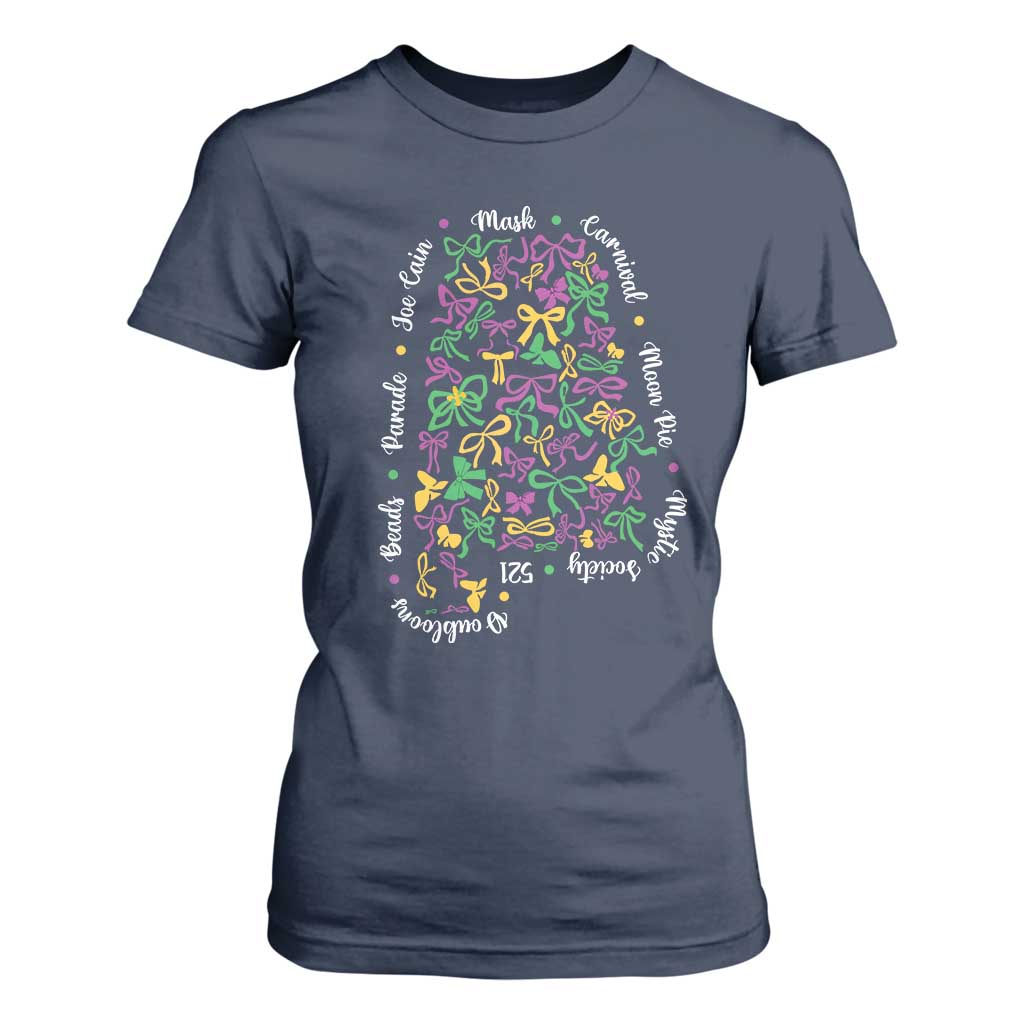Funny Mardi Gras Alabama Map Coquette Bow T Shirt For Women Moon Pie Carnival Joe Cain Beads TS11 Navy Print Your Wear