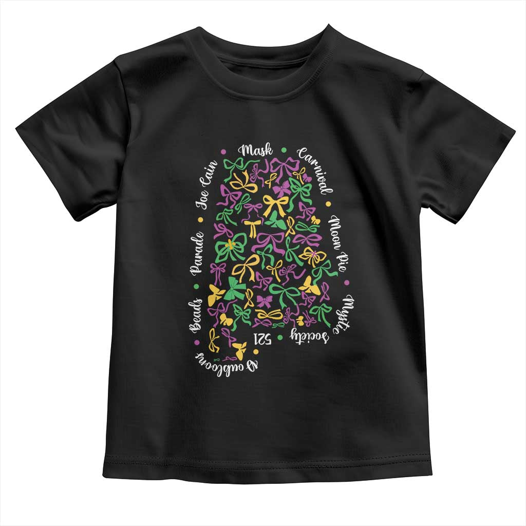 Funny Mardi Gras Alabama Map Coquette Bow Toddler T Shirt Moon Pie Carnival Joe Cain Beads TS11 Black Print Your Wear