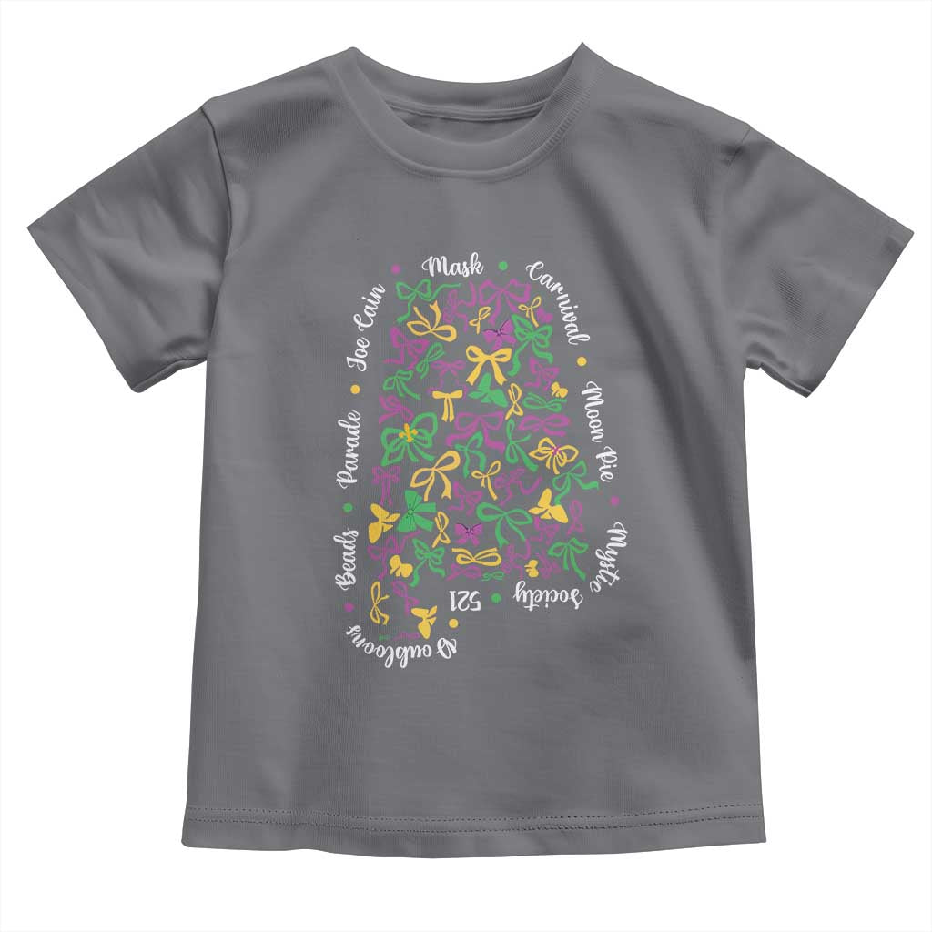 Funny Mardi Gras Alabama Map Coquette Bow Toddler T Shirt Moon Pie Carnival Joe Cain Beads TS11 Charcoal Print Your Wear