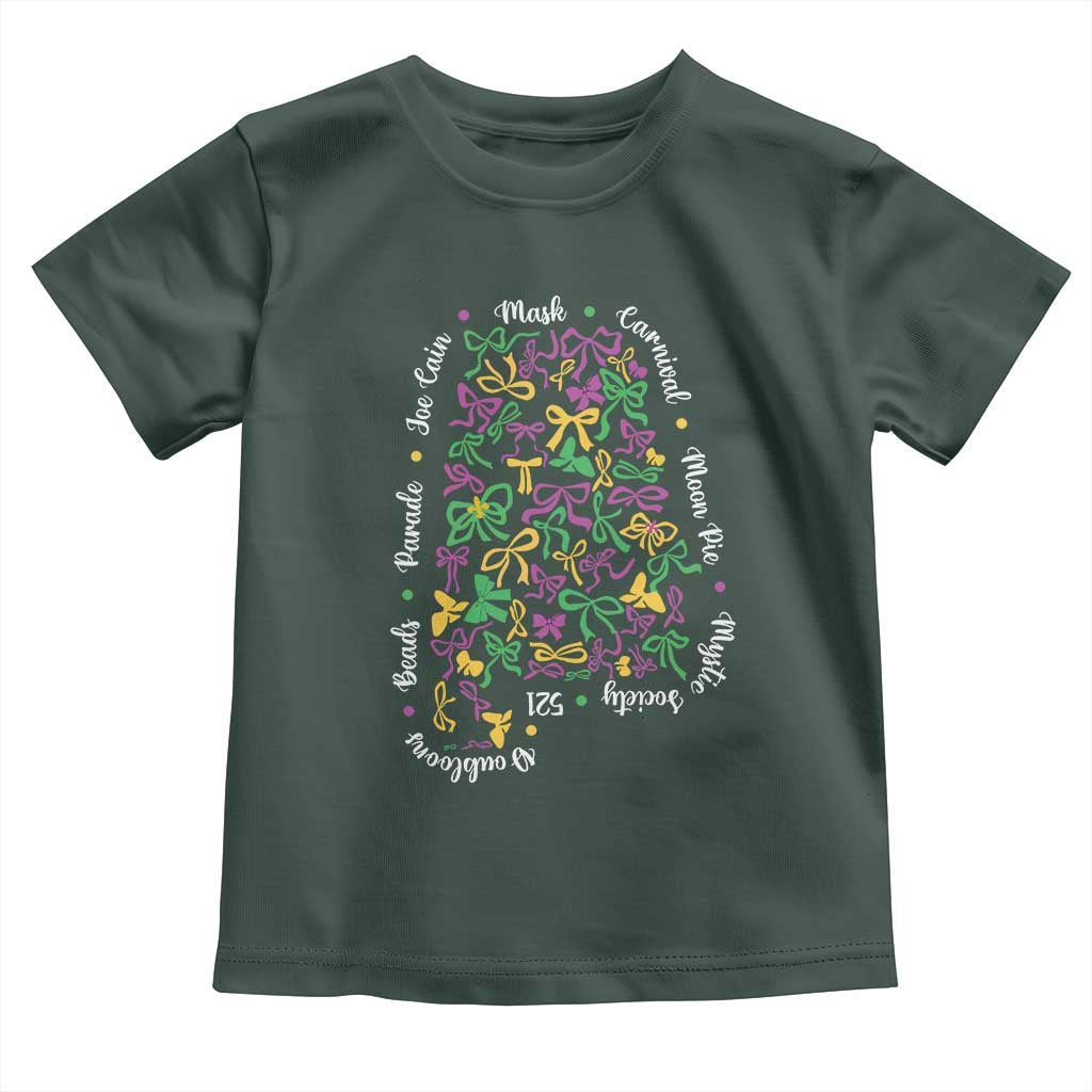 Funny Mardi Gras Alabama Map Coquette Bow Toddler T Shirt Moon Pie Carnival Joe Cain Beads TS11 Dark Forest Green Print Your Wear