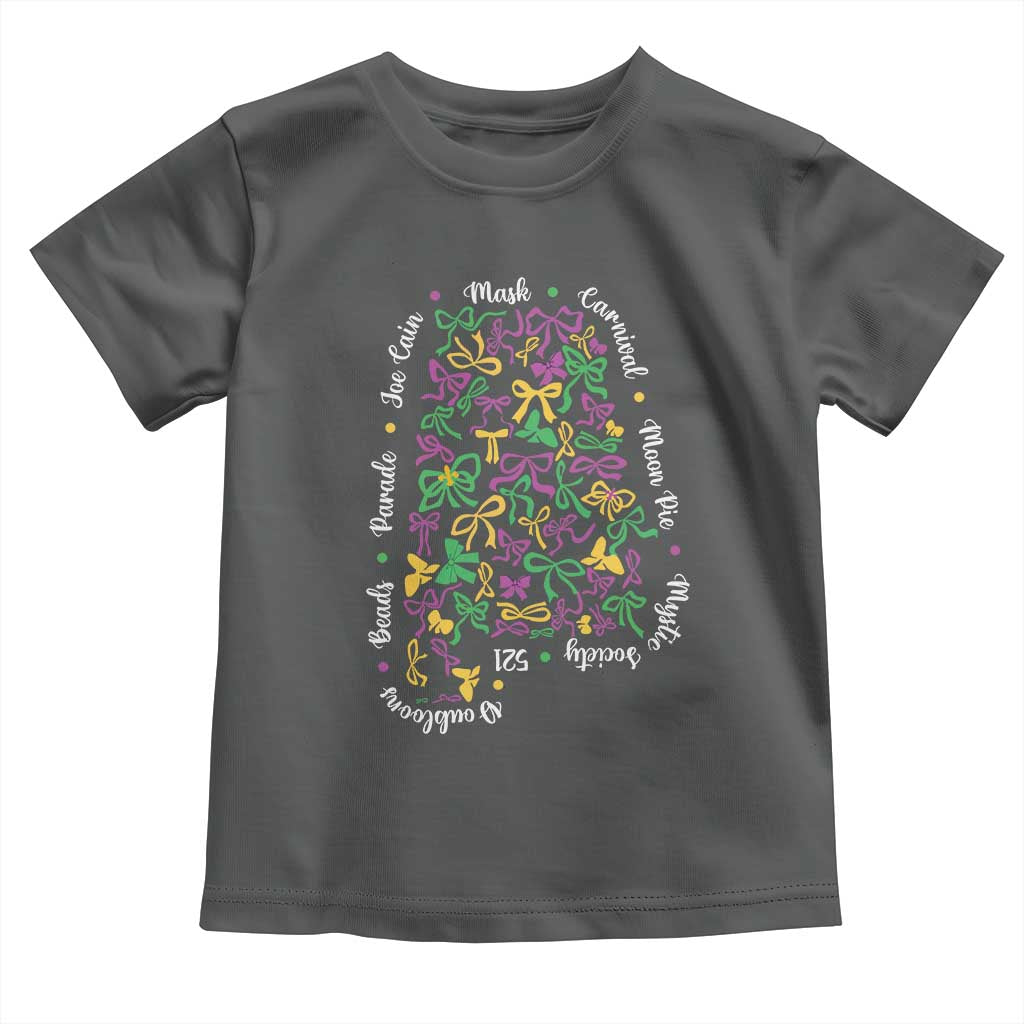 Funny Mardi Gras Alabama Map Coquette Bow Toddler T Shirt Moon Pie Carnival Joe Cain Beads TS11 Dark Heather Print Your Wear