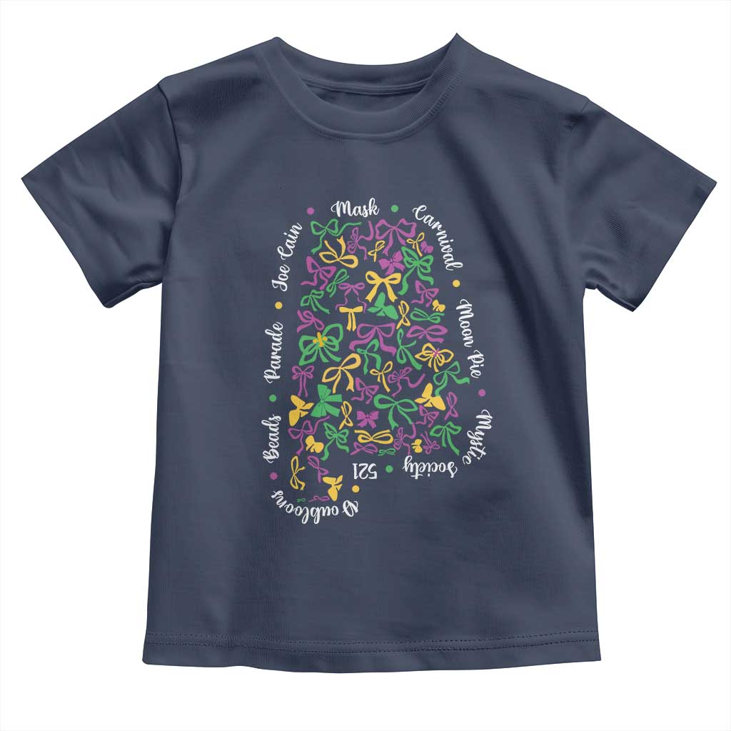 Funny Mardi Gras Alabama Map Coquette Bow Toddler T Shirt Moon Pie Carnival Joe Cain Beads TS11 Navy Print Your Wear