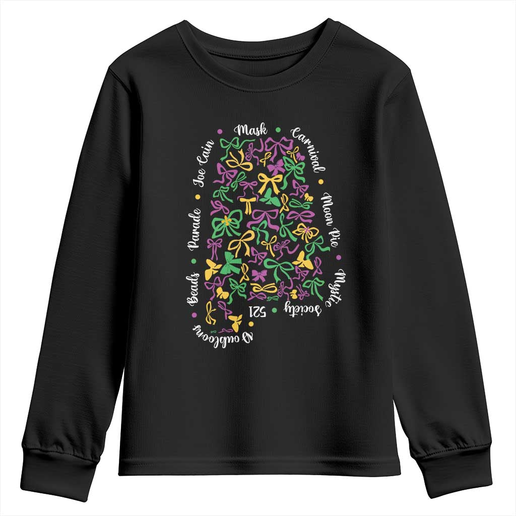 Funny Mardi Gras Alabama Map Coquette Bow Youth Sweatshirt Moon Pie Carnival Joe Cain Beads TS11 Black Print Your Wear