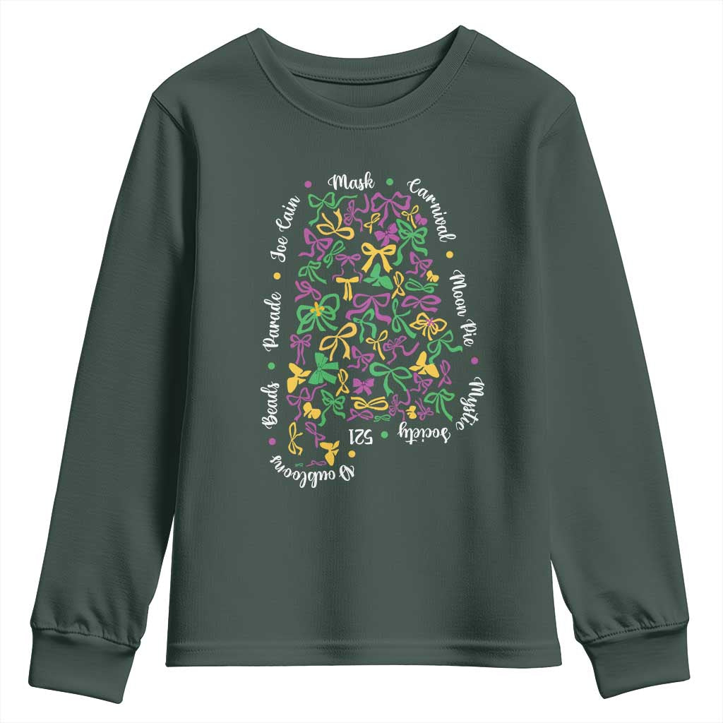 Funny Mardi Gras Alabama Map Coquette Bow Youth Sweatshirt Moon Pie Carnival Joe Cain Beads TS11 Dark Forest Green Print Your Wear