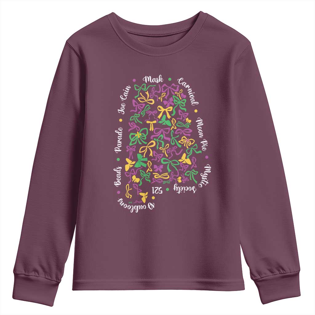 Funny Mardi Gras Alabama Map Coquette Bow Youth Sweatshirt Moon Pie Carnival Joe Cain Beads TS11 Maroon Print Your Wear