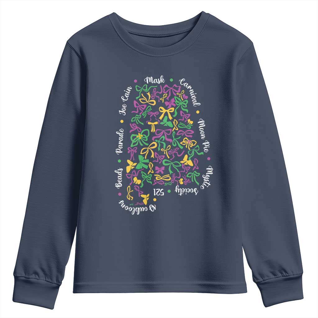 Funny Mardi Gras Alabama Map Coquette Bow Youth Sweatshirt Moon Pie Carnival Joe Cain Beads TS11 Navy Print Your Wear