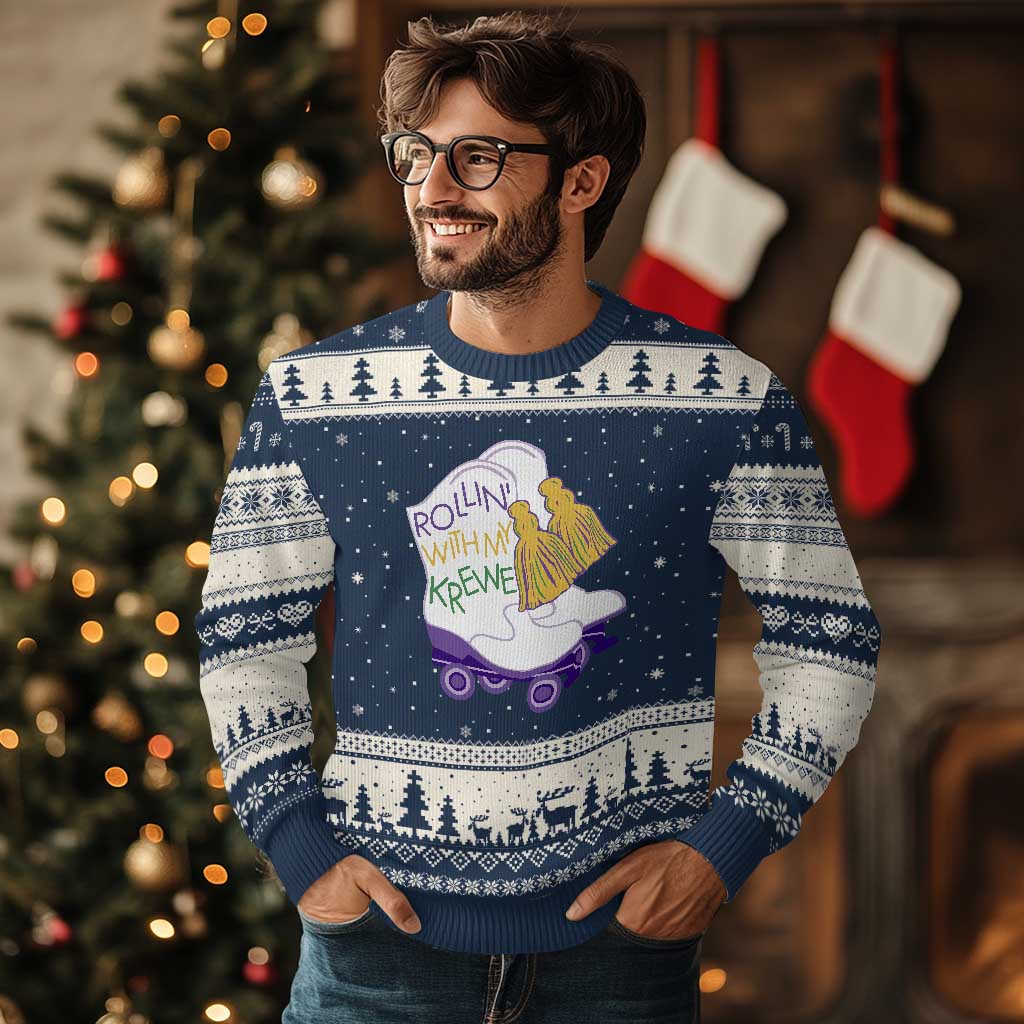 Funny Mardi Gras Ugly Christmas Sweater Rollin' With My Krewe Marching Boots Carnival Party TS11 Navy Beige Print Your Wear