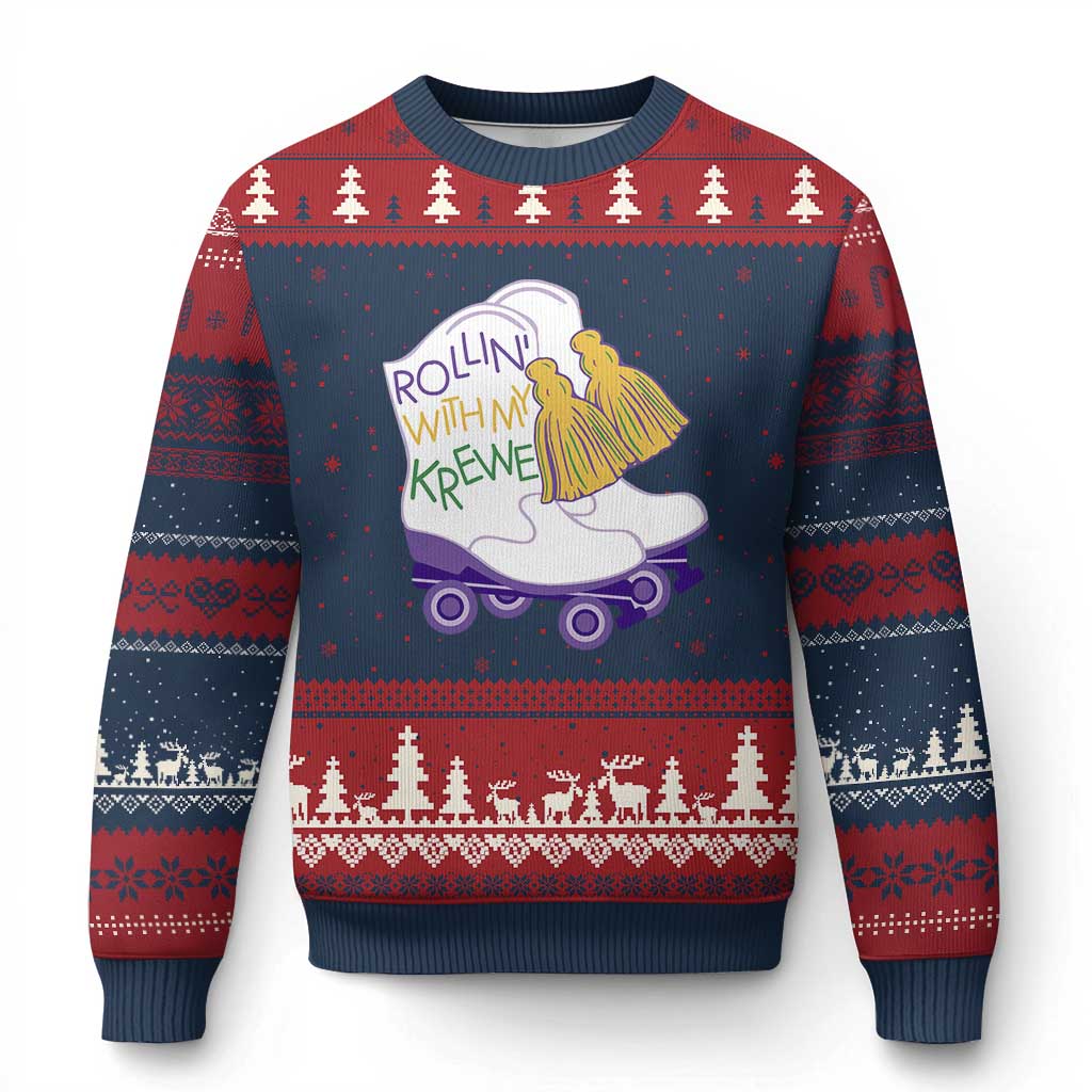 Funny Mardi Gras Ugly Christmas Sweater Rollin' With My Krewe Marching Boots Carnival Party TS11 Navy Red Print Your Wear