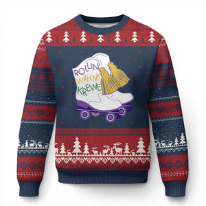Funny Mardi Gras Ugly Christmas Sweater Rollin' With My Krewe Marching Boots Carnival Party TS11 Navy Red Print Your Wear