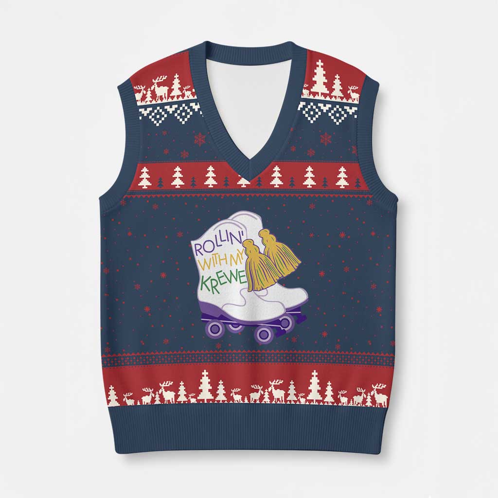 Funny Mardi Gras V-Neck Knit Sweater Vest Rollin' With My Krewe Marching Boots Carnival Party TS11 Navy Red Print Your Wear