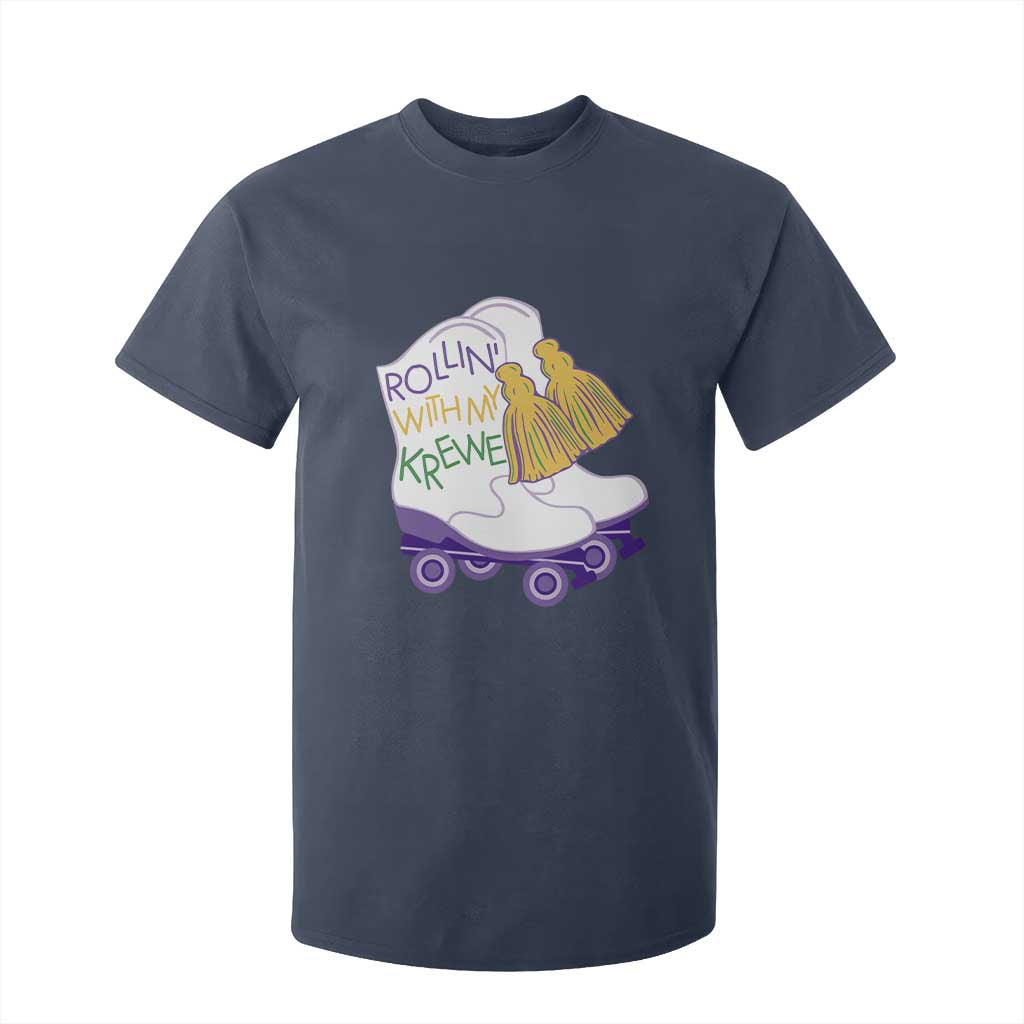 Funny Mardi Gras T Shirt For Kid Rollin' With My Krewe Marching Boots Carnival Party TS11 Navy Print Your Wear