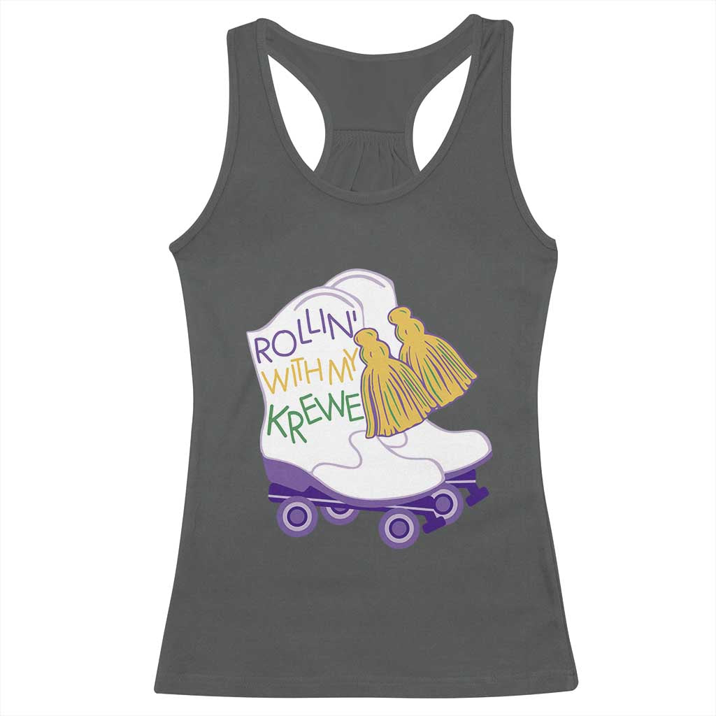 Funny Mardi Gras Racerback Tank Top Rollin' With My Krewe Marching Boots Carnival Party TS11 Dark Heather Print Your Wear