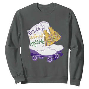Funny Mardi Gras Sweatshirt Rollin' With My Krewe Marching Boots Carnival Party TS11 Dark Heather Print Your Wear