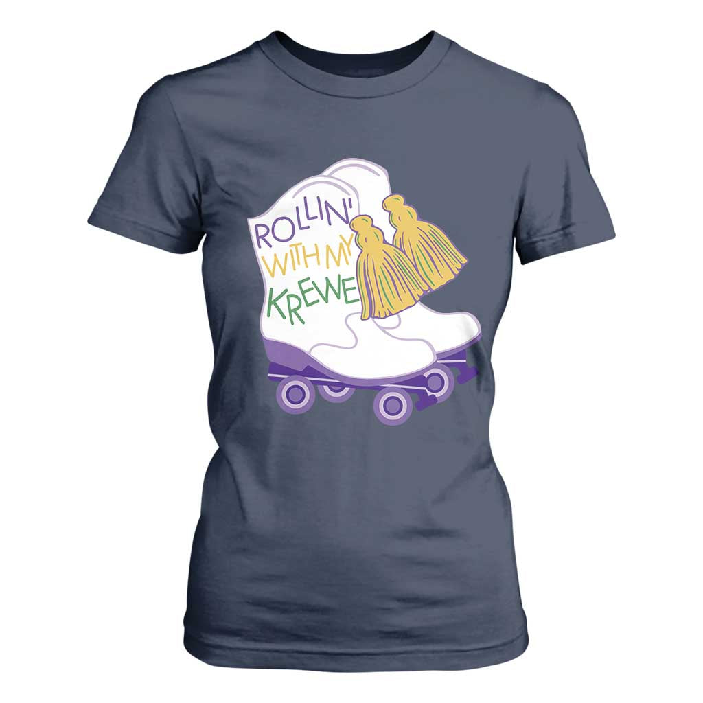 Funny Mardi Gras T Shirt For Women Rollin' With My Krewe Marching Boots Carnival Party TS11 Navy Print Your Wear