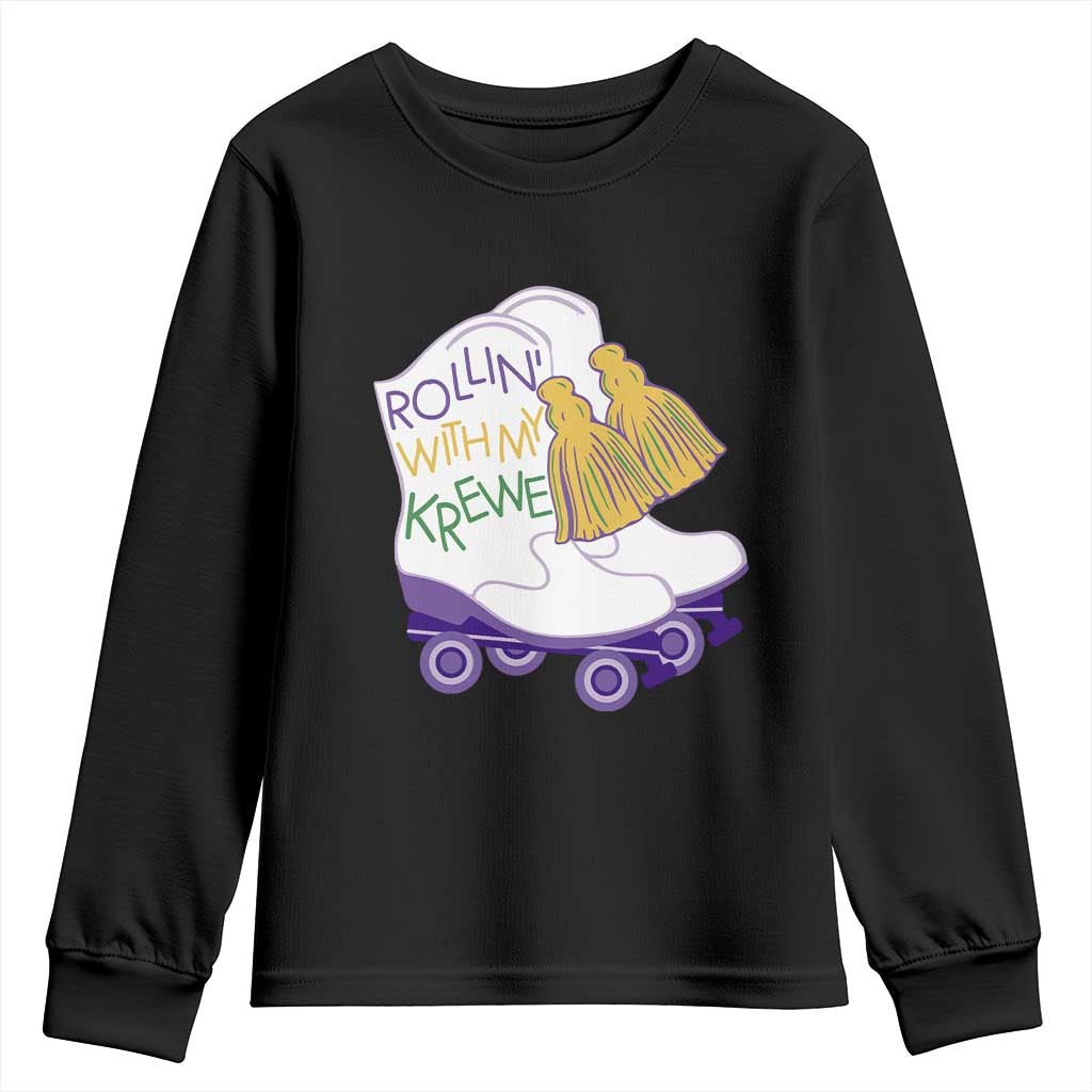 Funny Mardi Gras Youth Sweatshirt Rollin' With My Krewe Marching Boots Carnival Party TS11 Black Print Your Wear